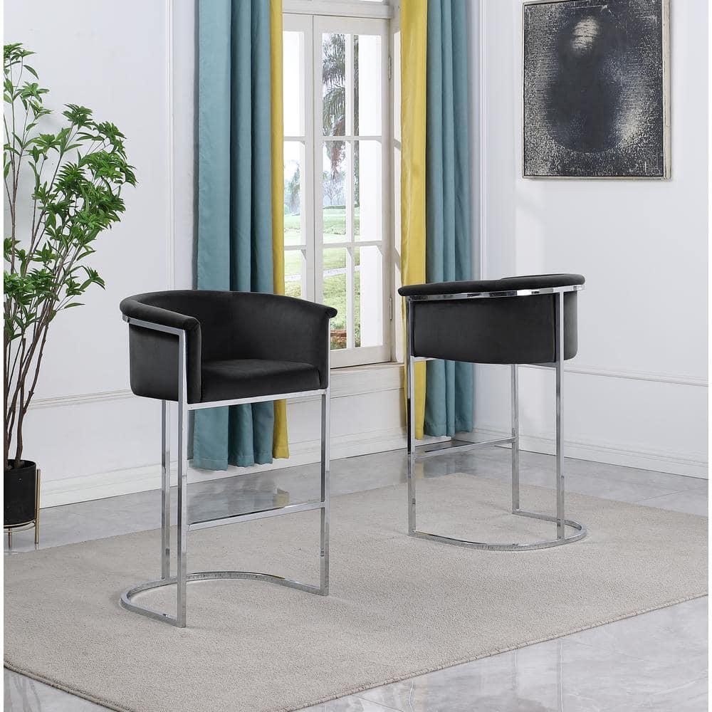 Black Velvet Counterheight Chair (Single) with Silver Metal Chrome Base