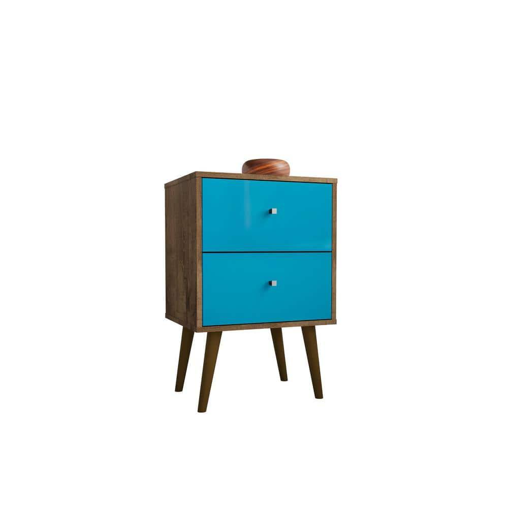 Liberty 2.0 Mid Century Modern Nightstand Rustic Brown/Aqua Blue - Manhattan Comfort