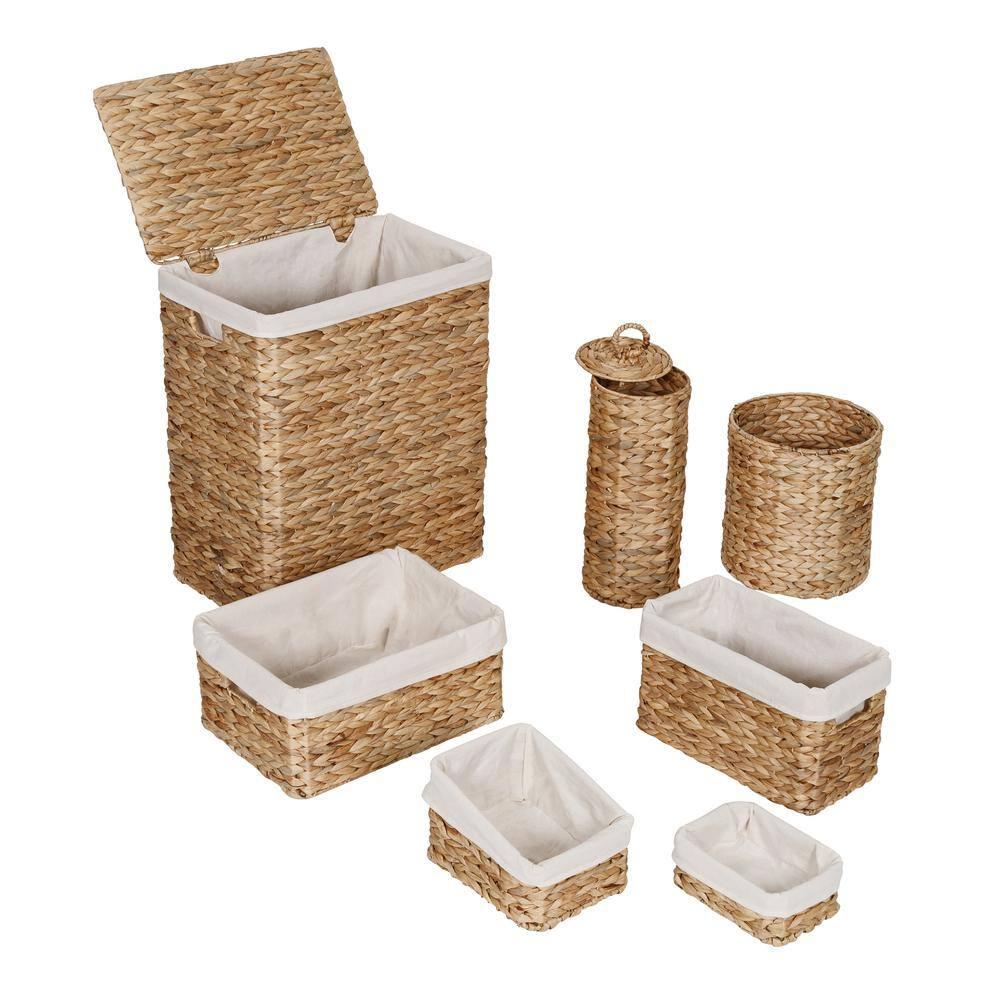 Honey-Can-Do Water Hyacinth Wicker Laundry Hamper and Bath Storage Basket Set of 7, Natural/White