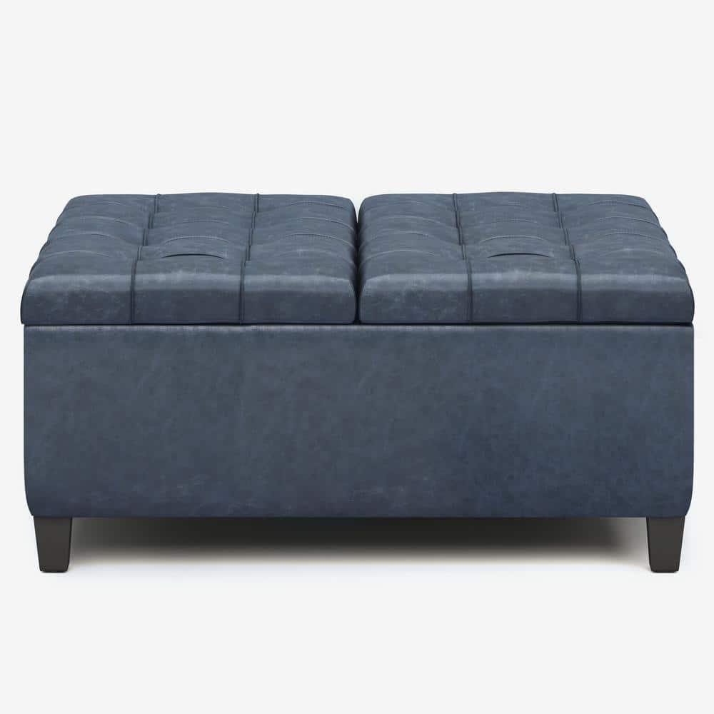 Simpli Home Harrison 36"W Upholstered Square Coffee Table Storage Ottoman with Split Lift Top