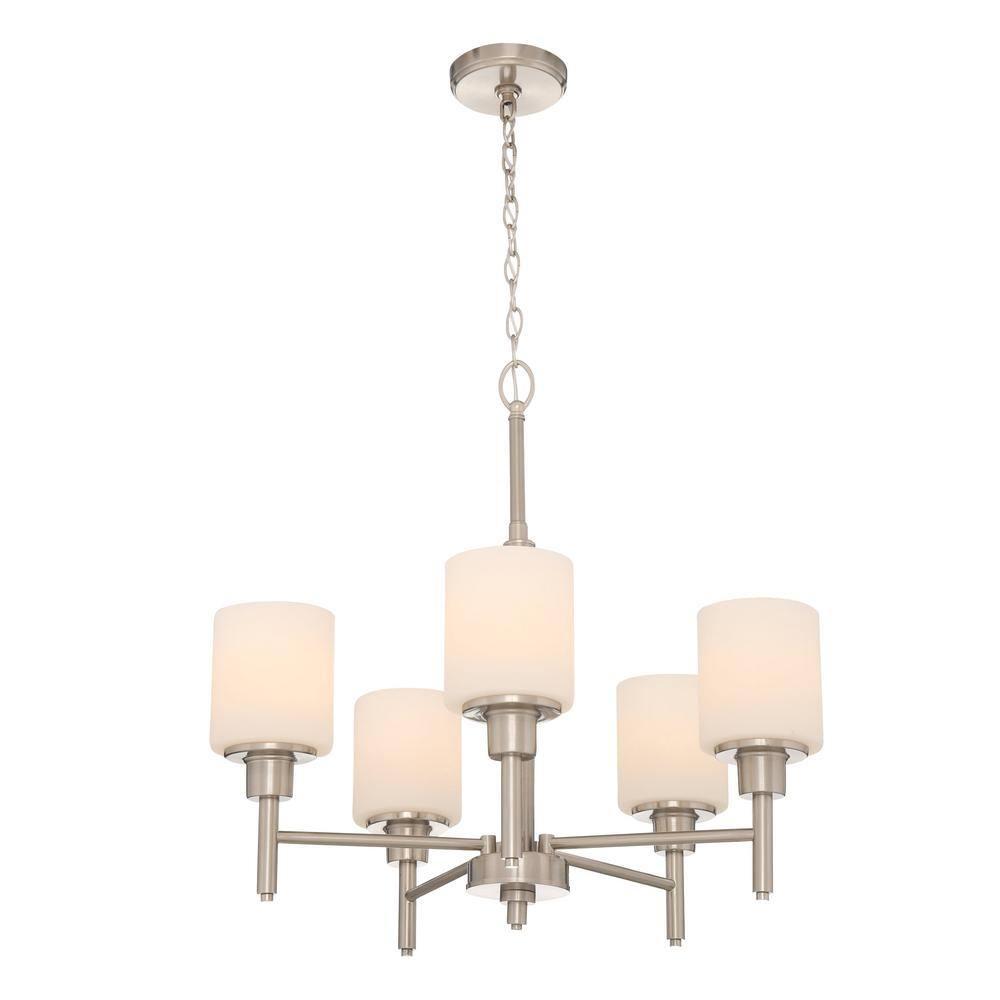 Design House 556639 Aubrey Transitional 5-Light Indoor Chandelier Dimmable Frosted Glass for Entryway Dining Room Foyer, Satin Nickel