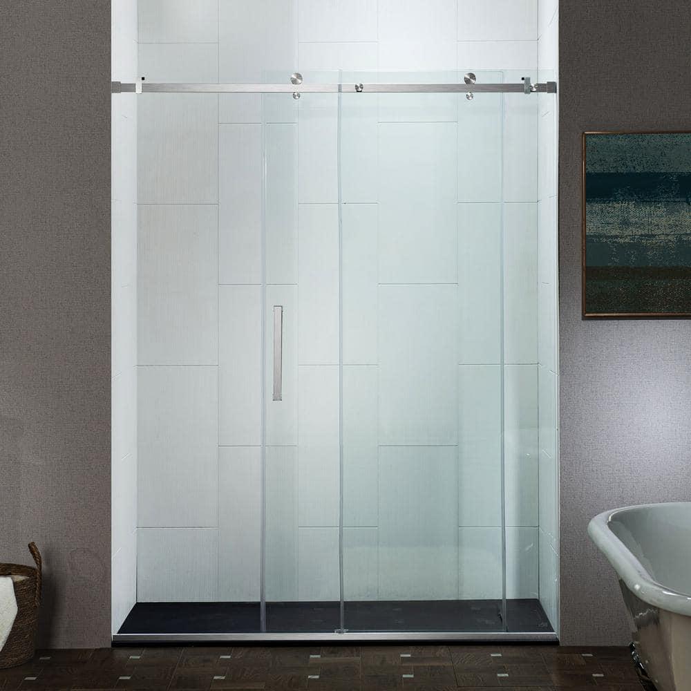 WoodBridge Semi-Frameless Single Sliding Shower Doors, 56-60" W X 76" H With 5/16" Clear Tempered Glass And Explosion-Proof Film MSDF6076-B