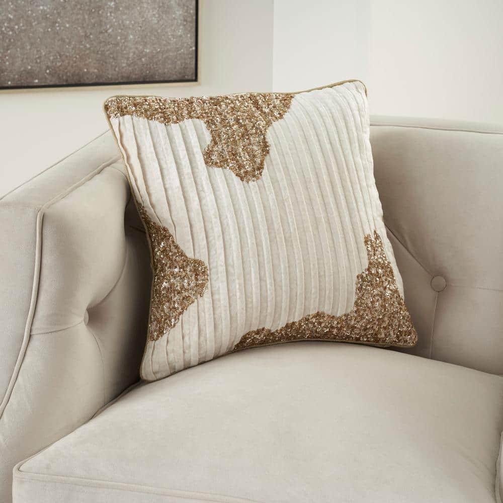 Mina Victory 18"x18" Sofia Beaded Pleated Velvet Square Throw Pillow Ivory/Gold: Bohemian Stripe, Removable Cover, Indoor Use