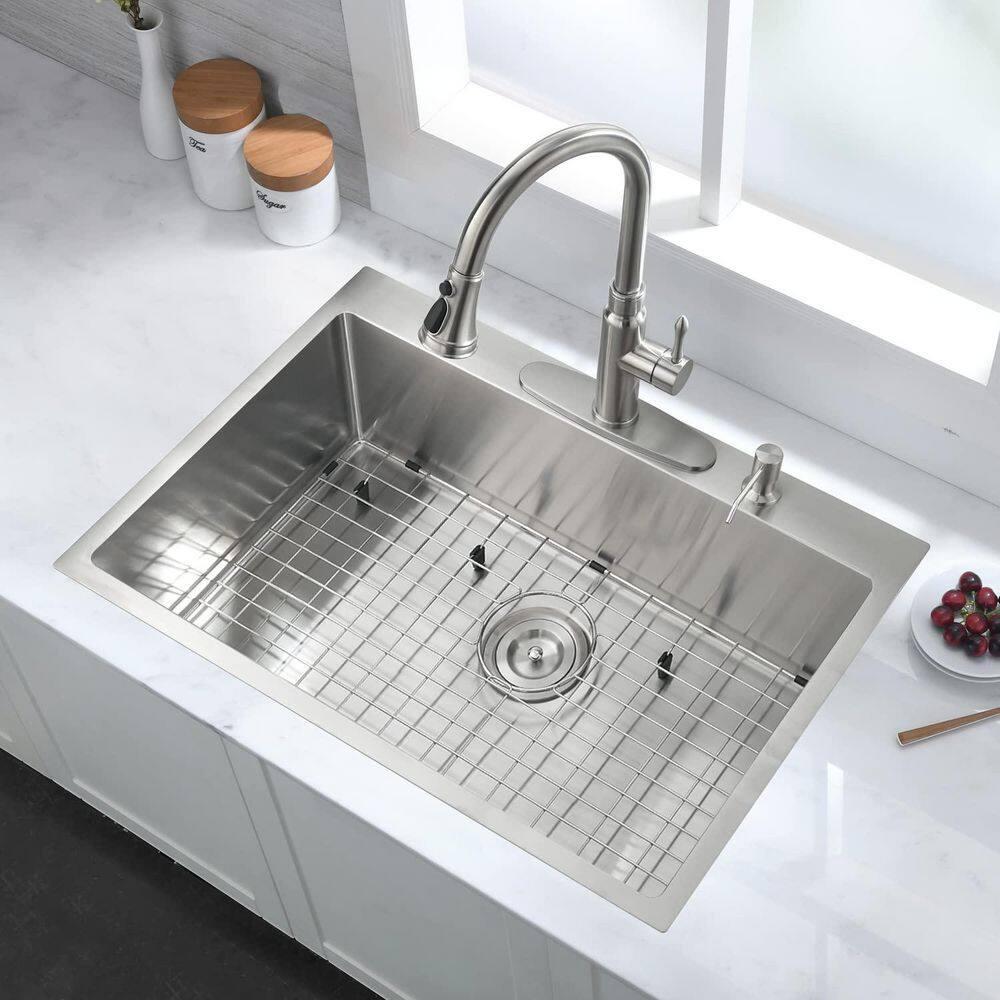 Clearance! Stainless Steel 30 in 2-Hole Single Bowl Drop-In Kitchen Sink with Bottom Grid and Basket Strainer