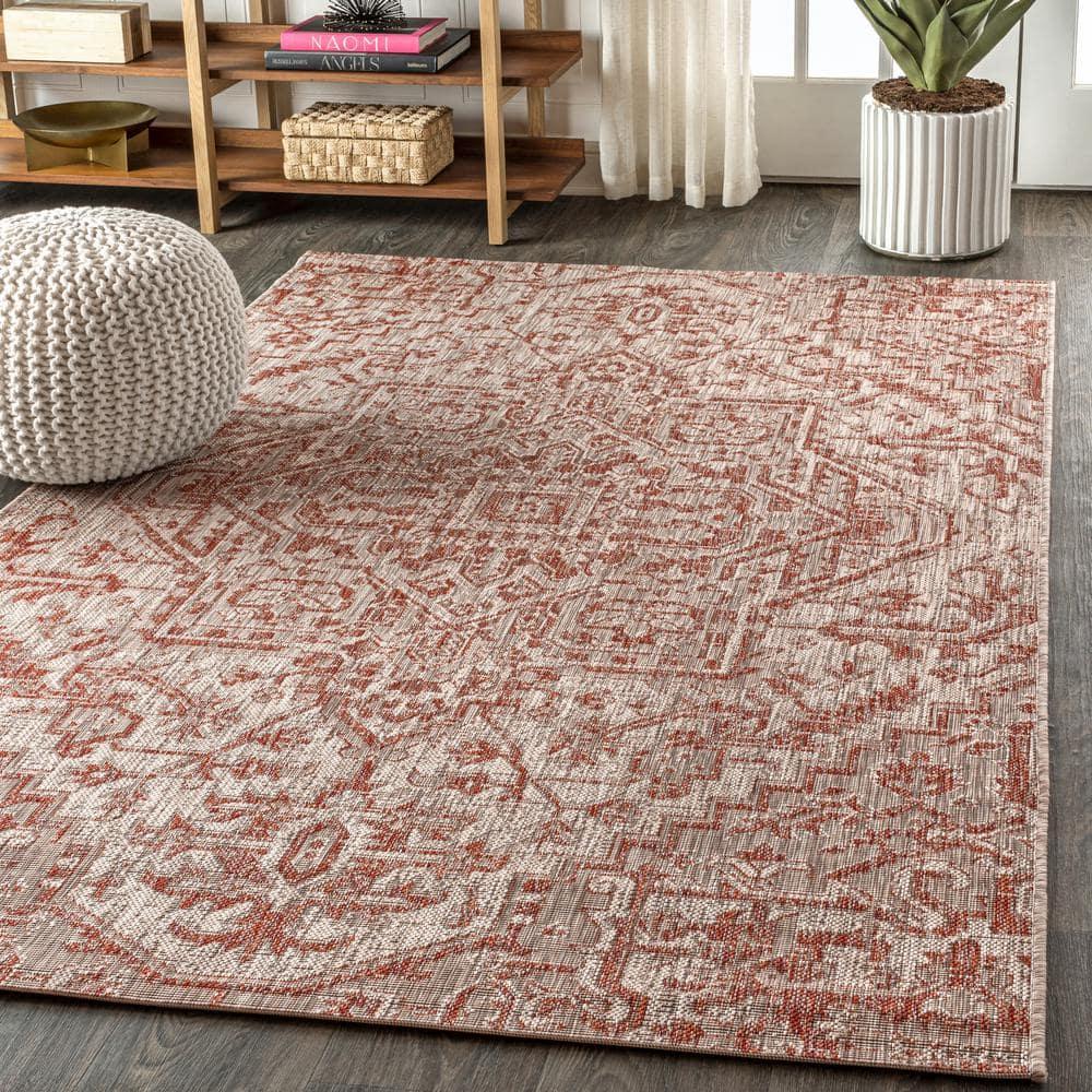 8'x10' Estrella Bohemian Medallion Textured Weave Indoor/Outdoor Area Rug, Red/Taupe - JONATHAN Y