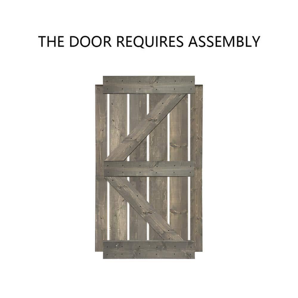 84 in Weather Gray Knotty Pine Wood Double Sliding Barn Door with Hardware Kit