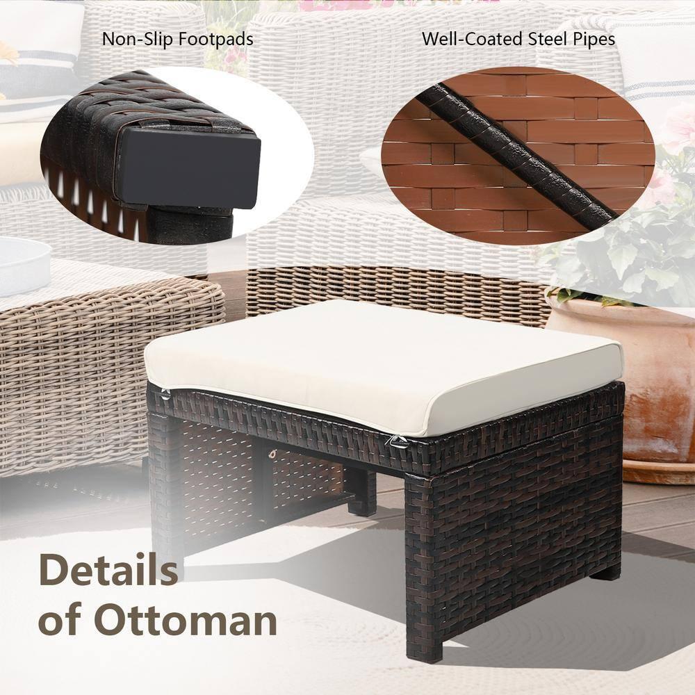 Spaco 2 Pieces Outdoor Patio Rattan Wicker Ottoman Set with Soft Cushion for Garden, Balcony, Poolside, White