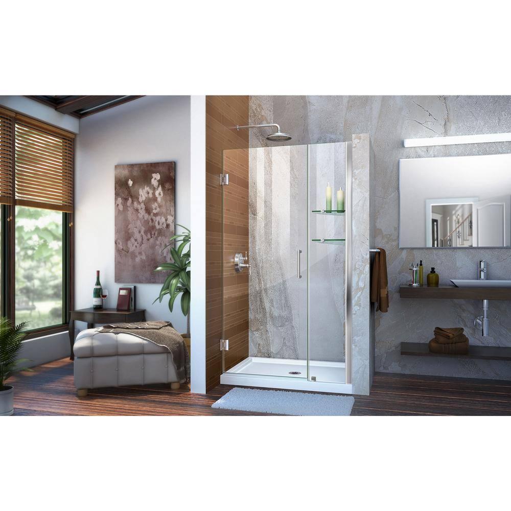 Unidoor Frameless Hinged Shower Door with Glass Shelves
