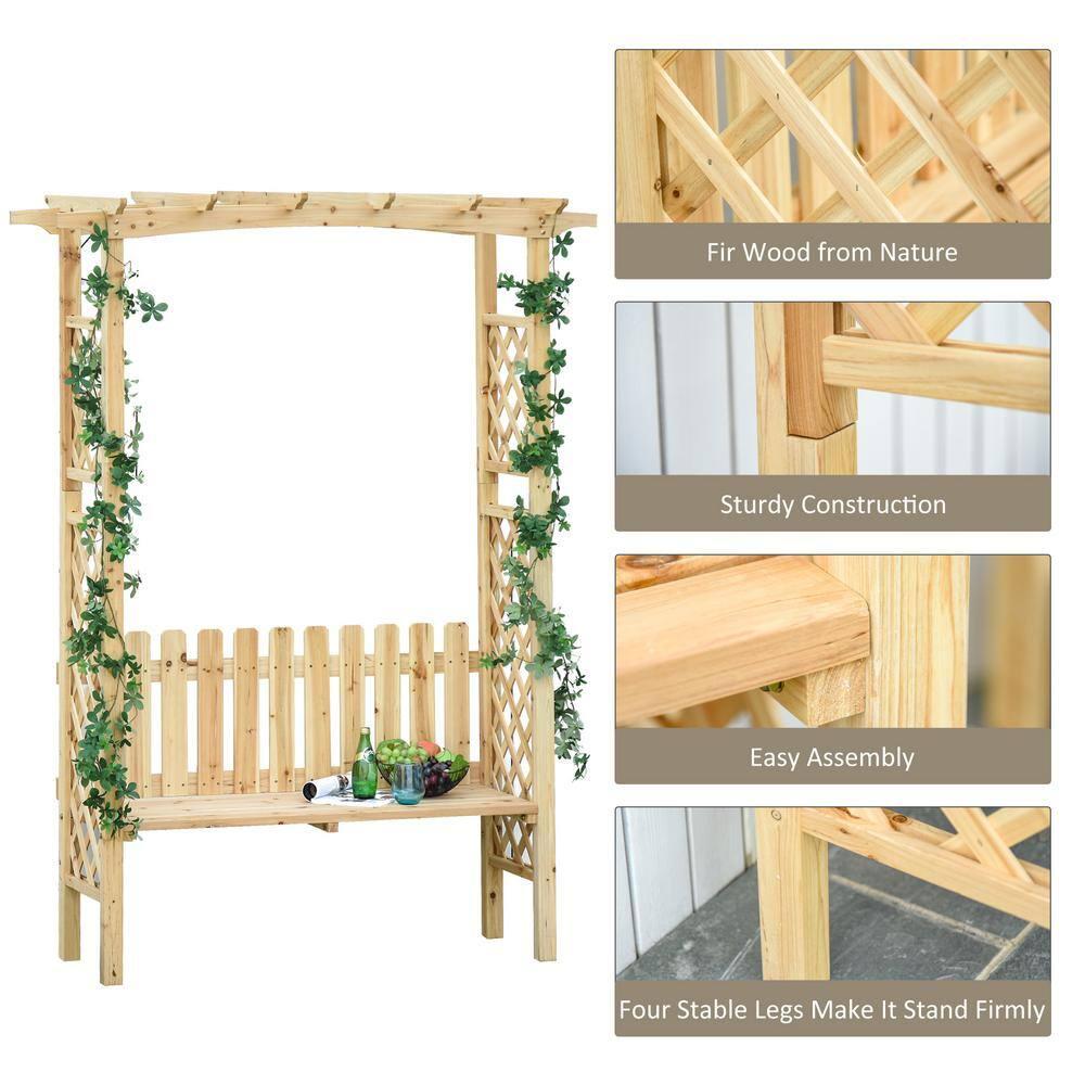Outsunny Wooden Trellis Arbor Arch for Climbing Plants with Garden Bench, Grow Grapes & Vines, Patio Decor & 2-Person Seating, Natural