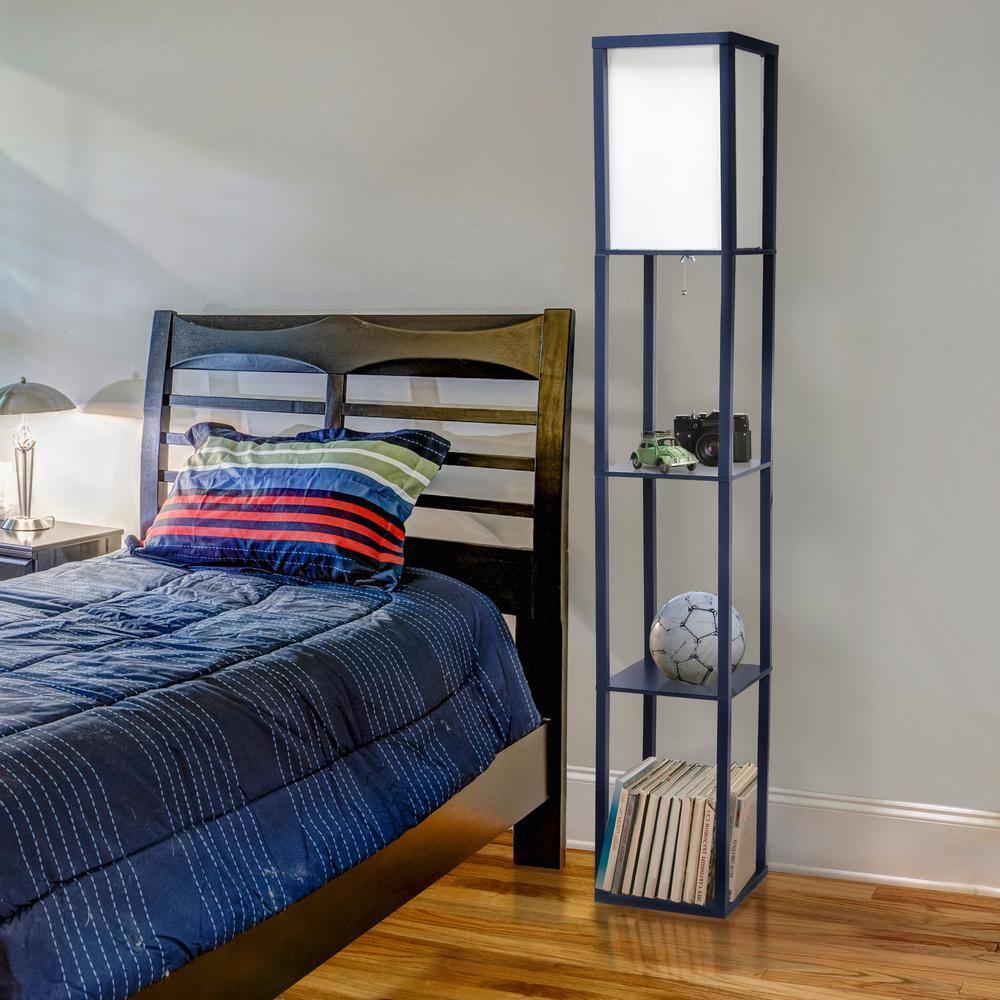 Simple Designs Floor Lamp Etagere Organizer Storage Shelf with Linen Shade, Navy