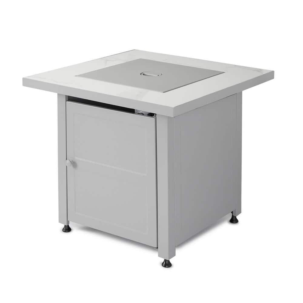 Mr. Bar-B-Q Endless Summer All Weather Outdoor Fire Pit Table with Faux Marble Finish, Black Glass