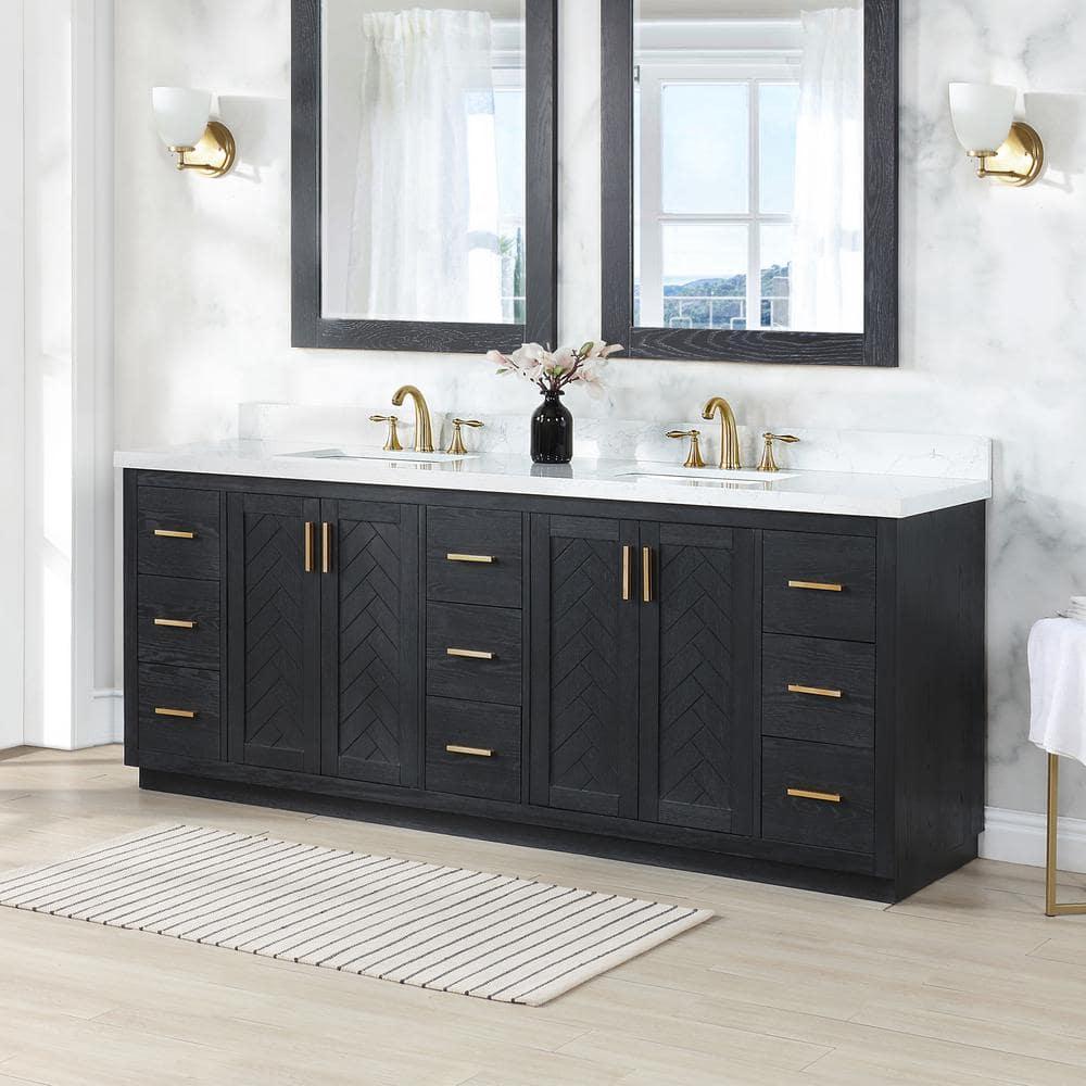 Altair Gazsi Wood Vanity with Composite Stone Top, 84" Black Oak, No Mirror