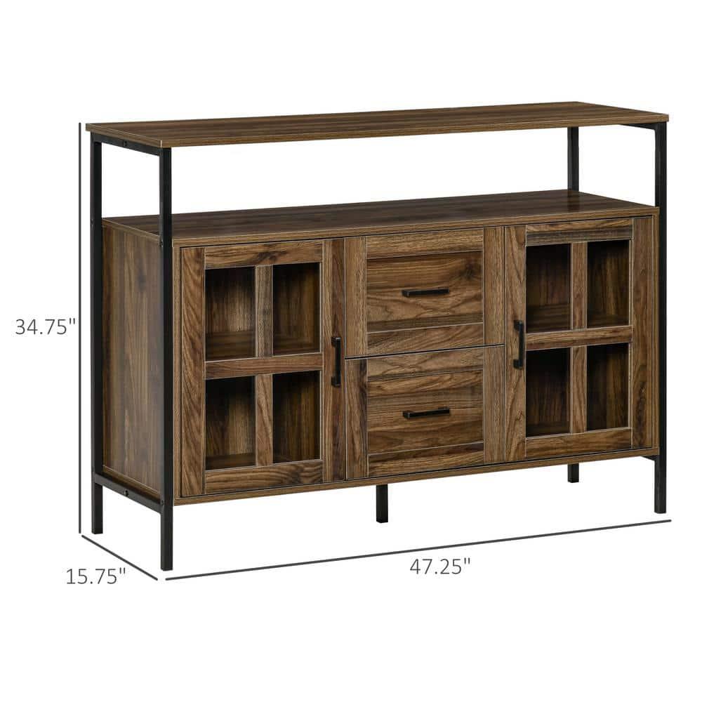 HOMCOM Rustic Kitchen Sideboard, Serving Buffet Storage Cabinet with Adjustable Shelves, Glass Doors, and 2 Drawers for Living Room