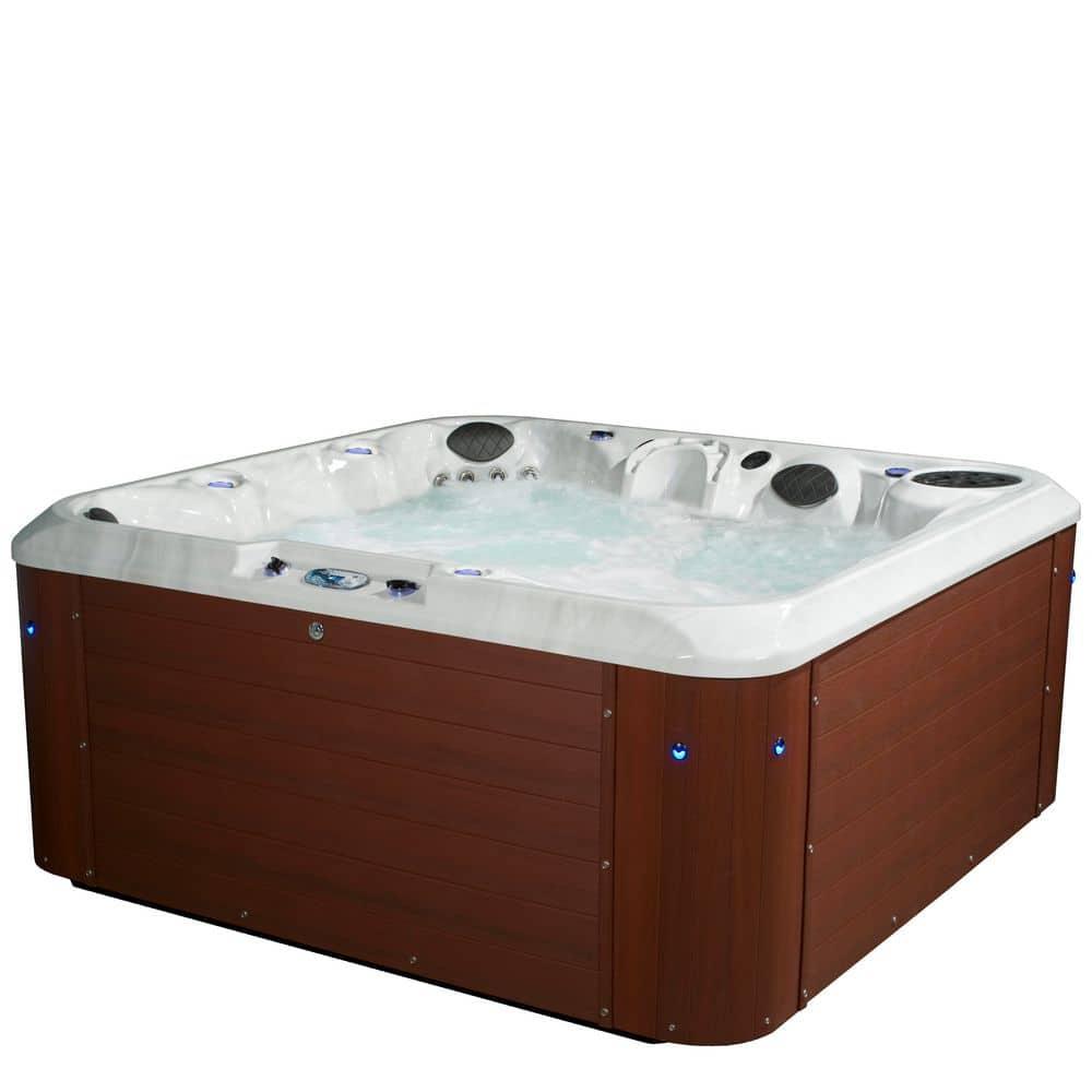 Amplified 6-Person 100-Jet Double-Lounger Hot Tub Spa with Bluetooth Stereo, 3 Pumps, LED Lighting, Stainless Steel Heater and Ozonator, Insulated Cover and Steps Included