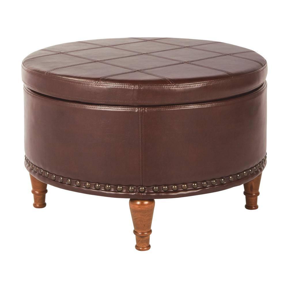 OSP Home Furnishings Alloway Storage Ottoman in Espresso Faux Leather with Antique Bronze Nailheads