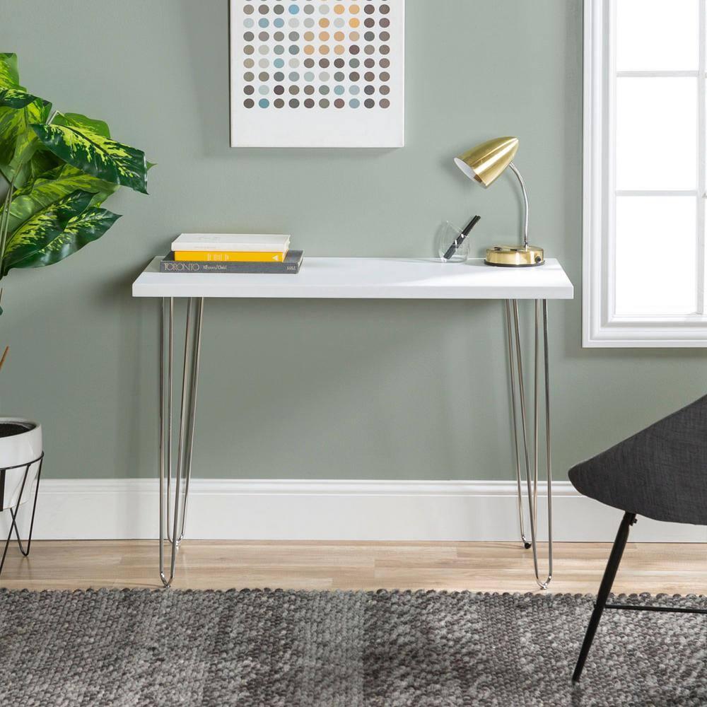 Walker Edison MDF Wood Writing Desk with Chrome Metal Legs in White