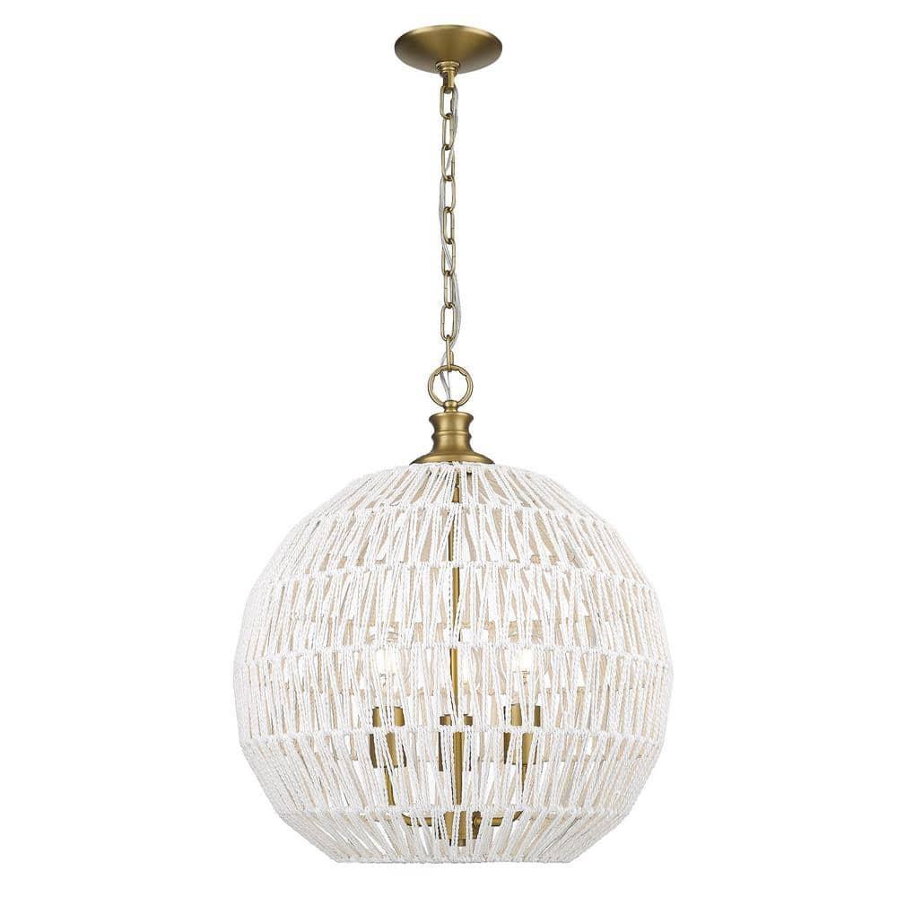 Golden Lighting Florence 3-Light Pendant in Brushed Champagne Bronze with Bleached White Raphia Rope