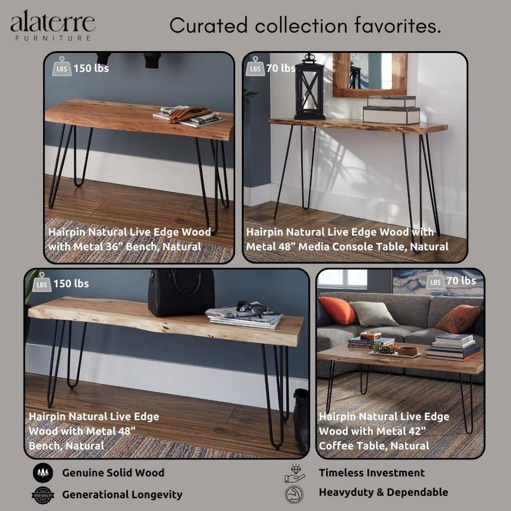 Alaterre Furniture 48" Hairpin Natural Brown Live Edge Large Coffee Table: Acacia Wood, Nylon Floor Protectors