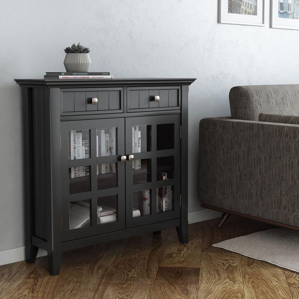 Simpli Home Acadian 36"W Solid Wood 2-Shelf Entryway Storage Cabinet with Glass Doors and 2 Drawers