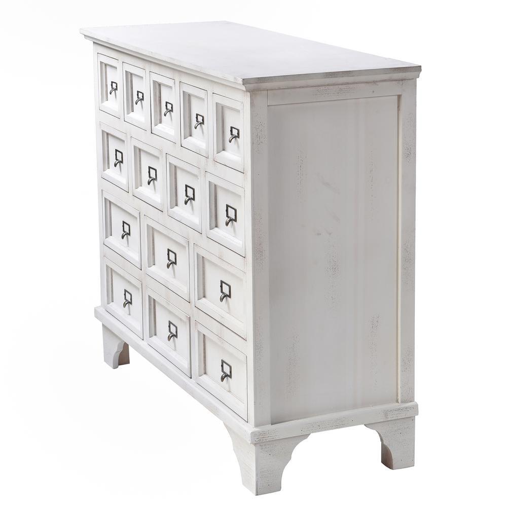Antique White Distressed 15-Drawer Light Wood Apothecary Cabinet