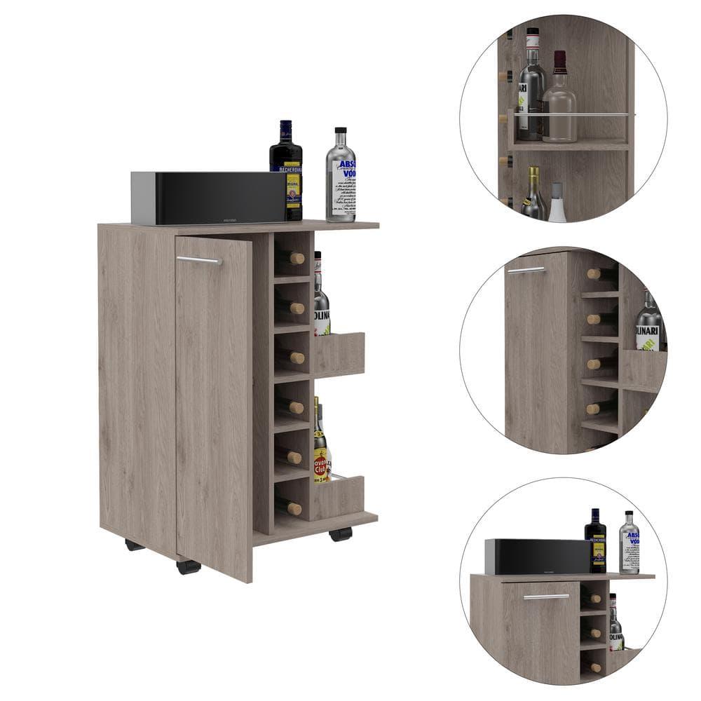 Magda Bar Cart with Four Casters, Six Built-in Wine Rack, Single Door Cabinet, and Two External Shelves, 32.32" H, Light Gray, Living Room