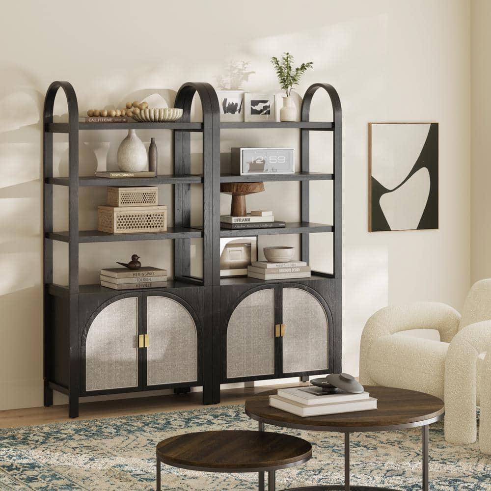 Boho 3-Shelf Bookshelf Cabinet With Rattan Doors