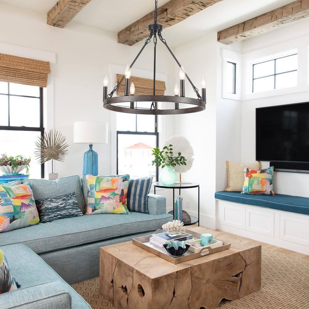 22.04 in. 6-Light Black Rustic Farmhouse Chandelier, Wagon Wheel Chandelier for Dining Room Living Room Bedroom Kitchen Black