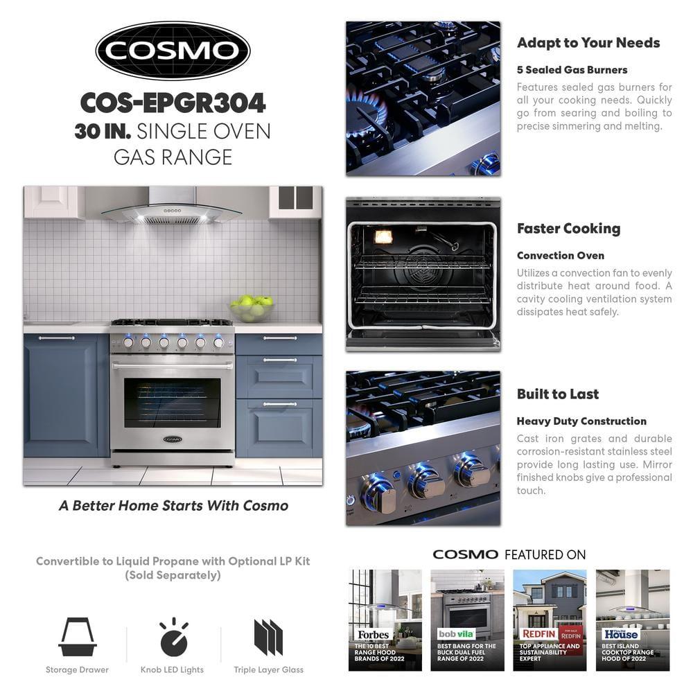 Cosmo 30 in. Haven Collection 4.5 cu. ft. Gas Range with 5 Sealed Burners, Convection Oven, Knob LED Lights, Stainless Steel