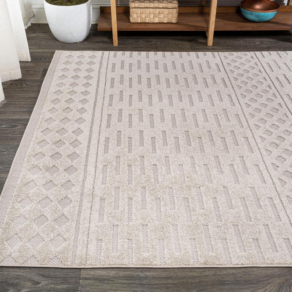 5'x8' Xlendi High-Low Pile Moroccan Geometric Indoor/Outdoor Area Rug, Beige - JONATHAN Y