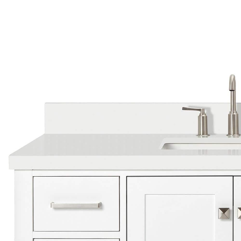 ARIEL 49" Bathroom Vanity with 1.5" Edge Pure White Quartz Countertop & Backsplash, Center Rectangular Sink, 2 Soft Closing Doors, 9 Full Extension Dovetail Drawers, Brushed Nickel - White