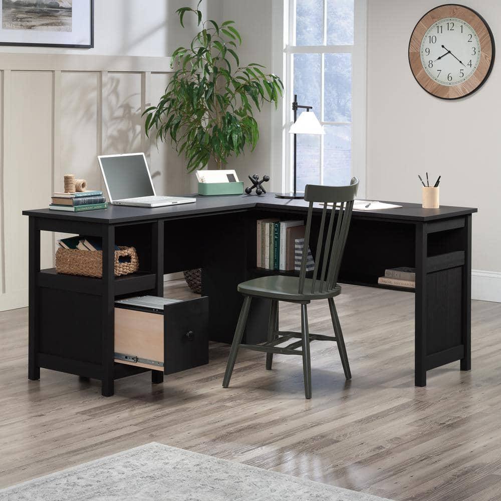 Sauder Dawson Trail Modern L Shape Desk Raven Oak: Home Office Furniture with File Drawer & Cord Management