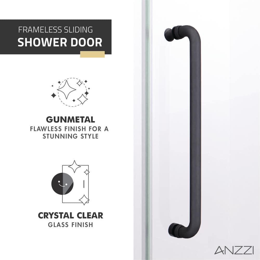Madam Series 48 In. By 76 In. Frameless Sliding Shower Door In Gunmetal With Clear Tempered Glass And Tsunami Guard