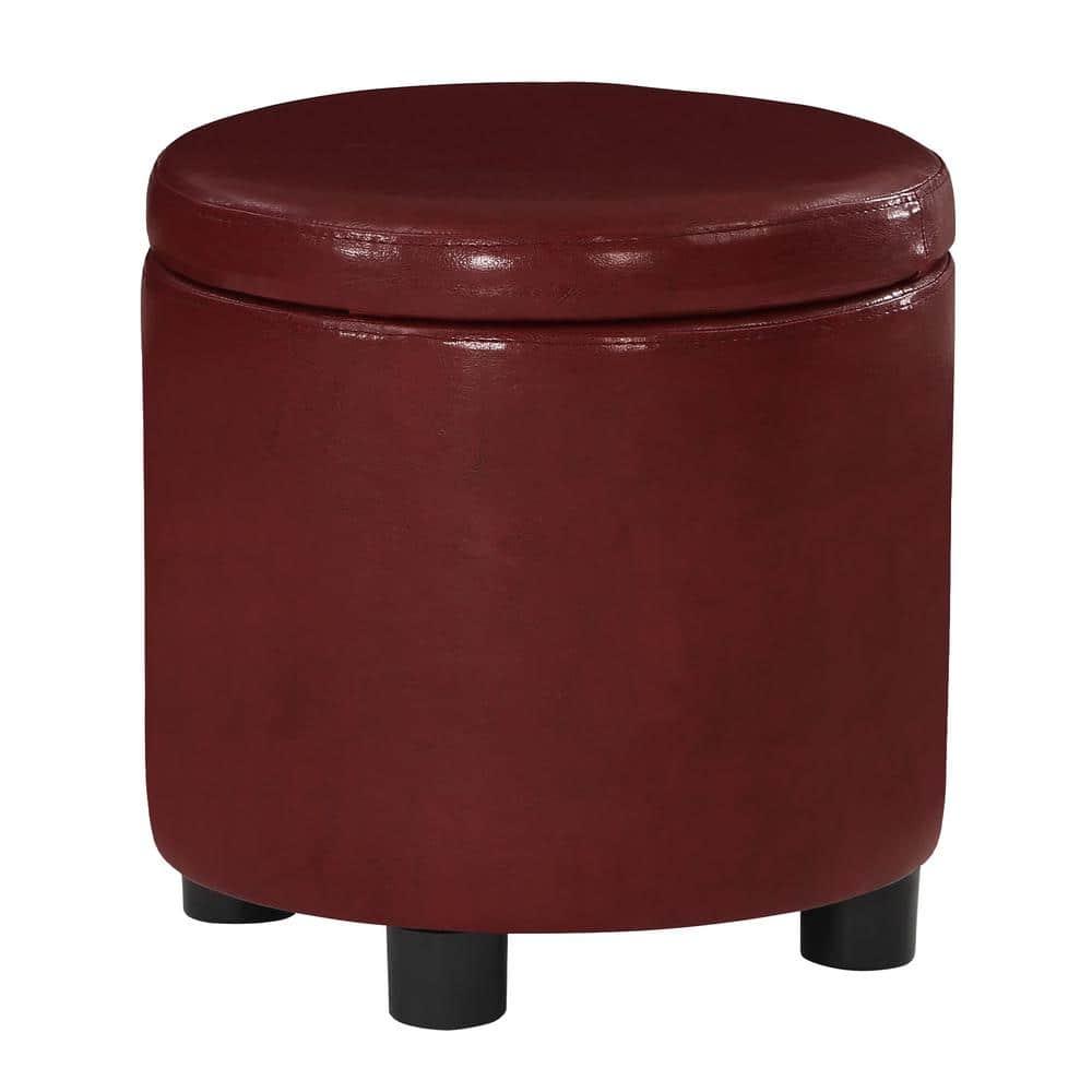 Designs4Comfort Round Accent Storage Ottoman with Reversible Tray Lid, Burgundy Faux Leather