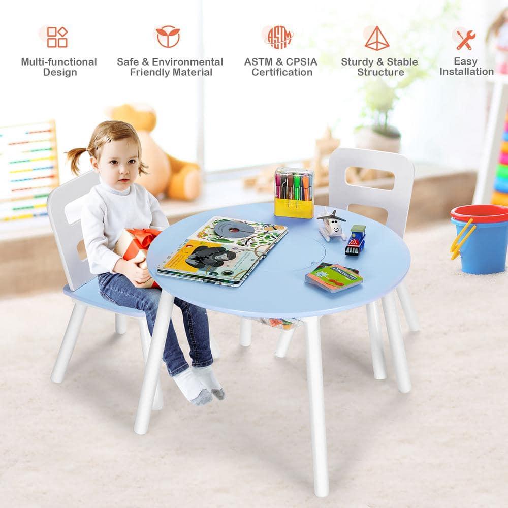INDSUMOT Kids Table and Chair Set, Wooden Children Activity Table and 2 Chairs for Art & Craft, Storage Mesh Basket, 3-Piece Toddler Furniture Set for Daycare & Playroom, Gift for Boys Girls(Blue)