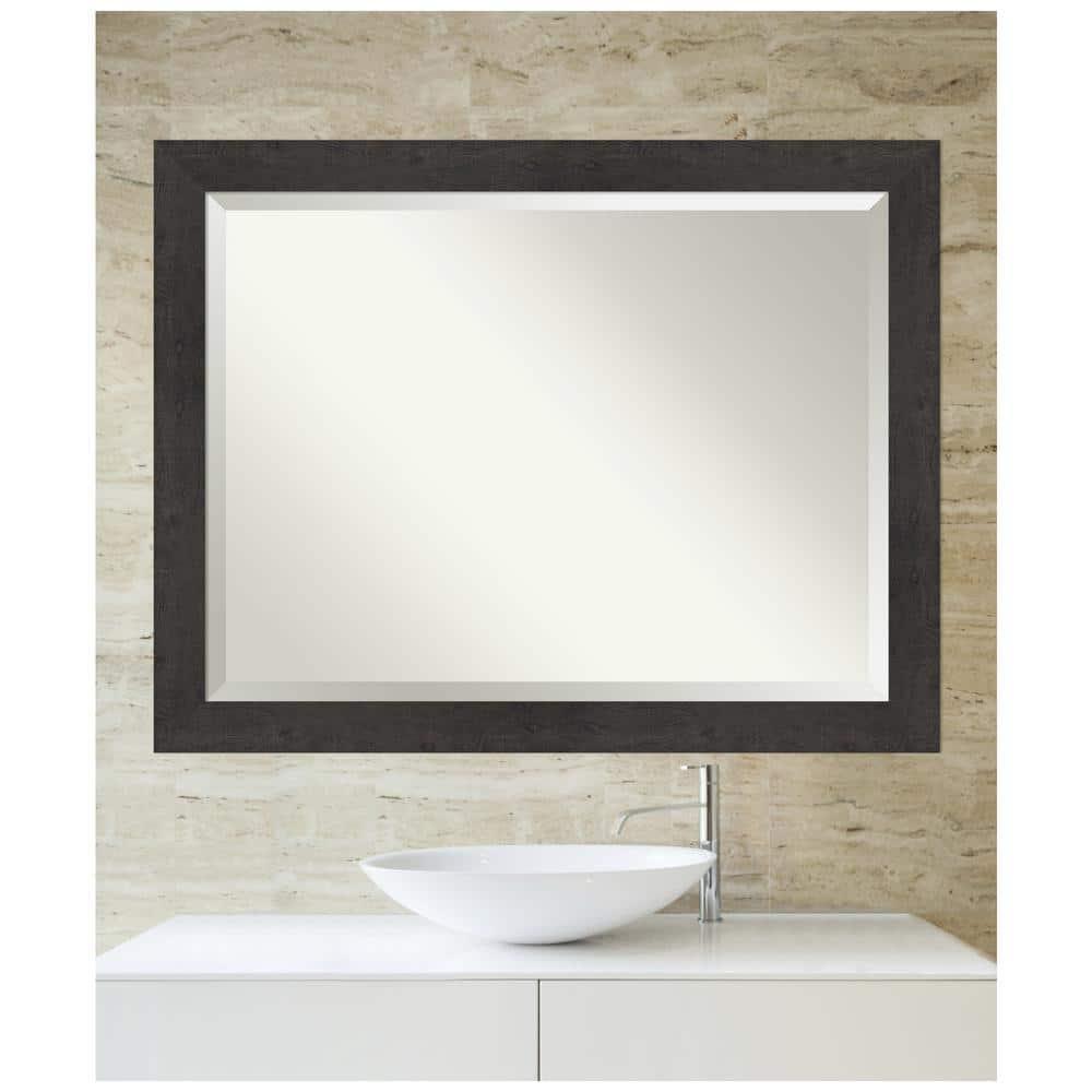 Amanti Art Beveled Bathroom Wall Mirror - Rustic Plank Espresso Frame Outer Size: 45 x 35 in
