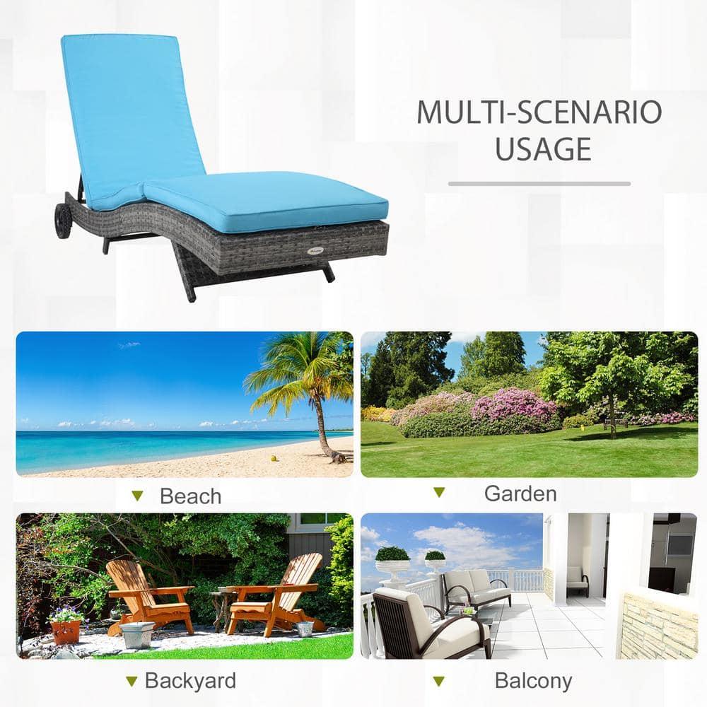Outsunny Patio Wicker Chaise Lounge Chair, Outdoor PE Rattan Sun lounger w/ 5-Level Adjustable Backrest & 2 Wheels for Easy Movement, Sky Blue