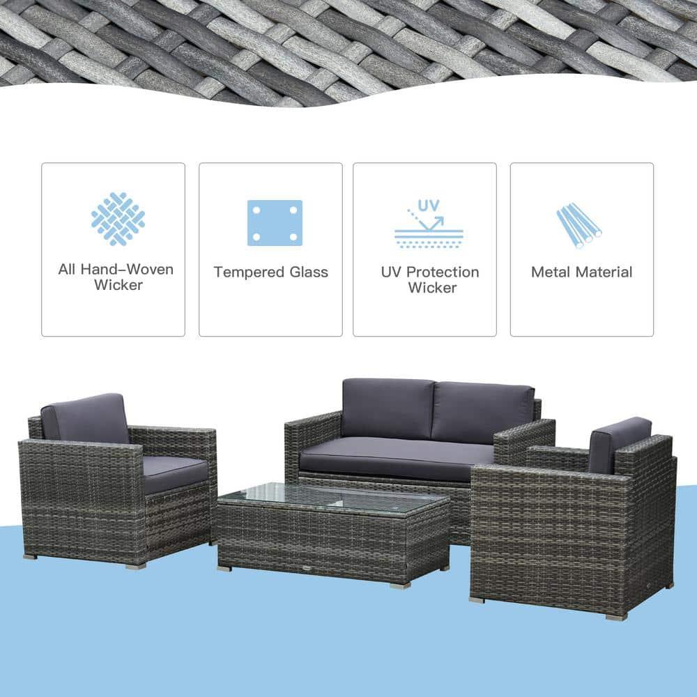 Outsunny 4-Piece Rattan Wicker Furniture Set, Outdoor Cushioned Conversation Furniture with 2 Chairs, Loveseat, and Glass Coffee Table, Gray