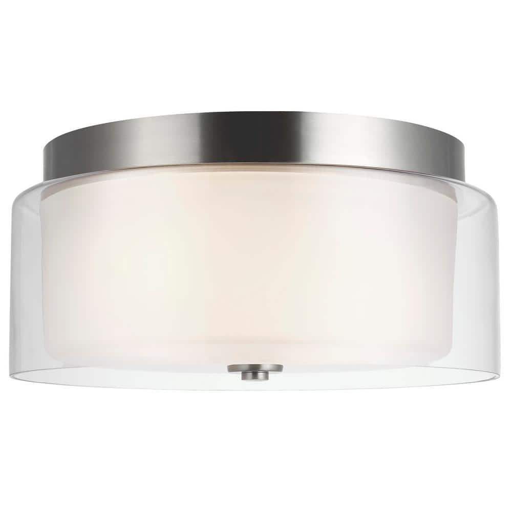 Elmwood Park Brushed Nickel 12" Dual-Light Flush Mount with Satin Etched Glass
