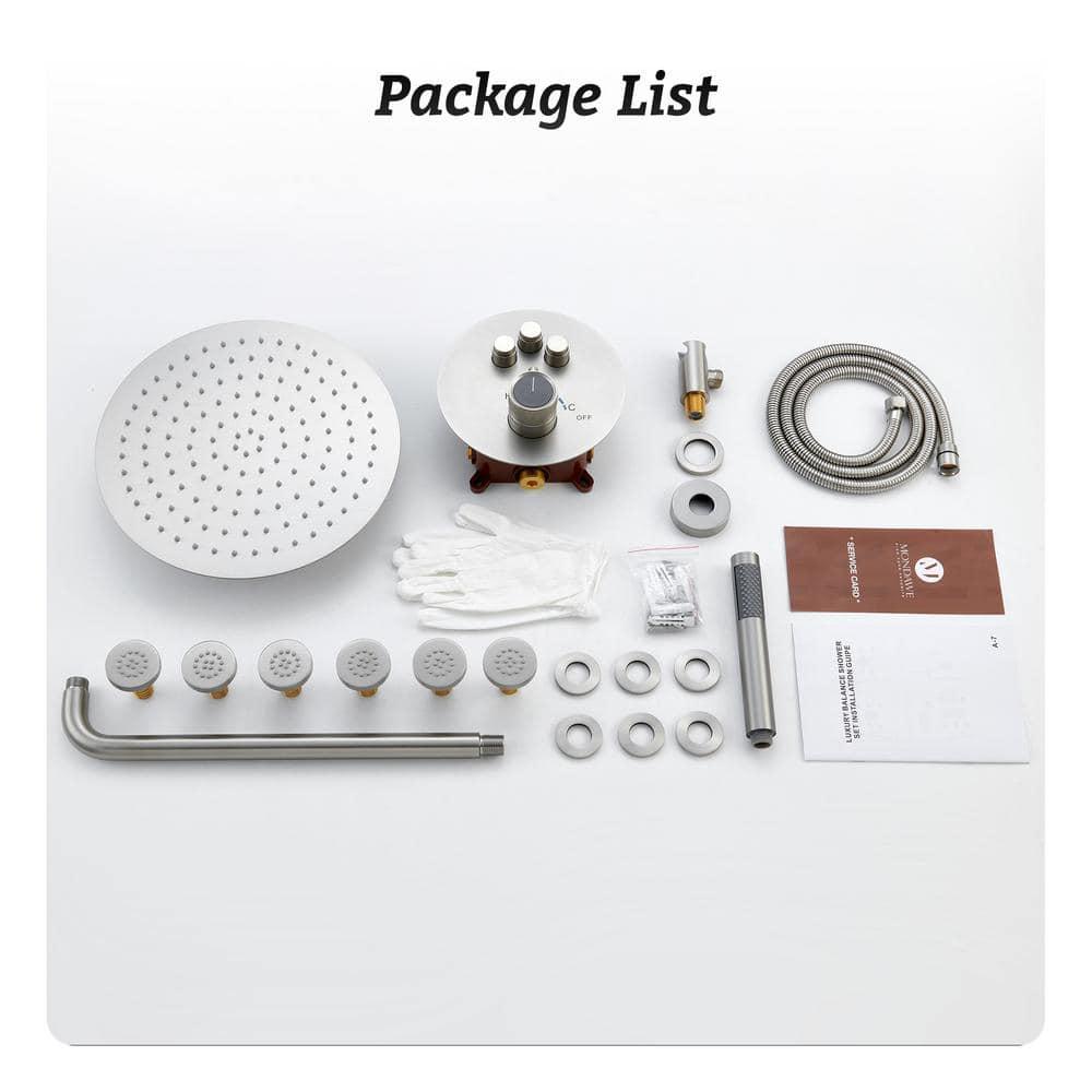 Wall Mounted Thermostatic Complete Rainfall Shower System with 6 Body Jets and Rough-in Valve