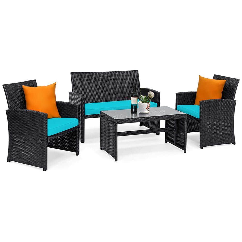 Resenkos 4 Pieces Patio Rattan Furniture Set, Outdoor Patio Furniture Set with Weather Resistant Cushions and Tempered Glass Tabletop-Turquoise