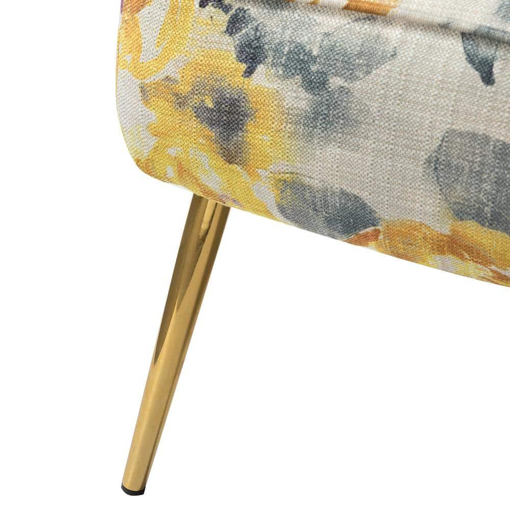 Contemporary Upholstery Accent Chair Metal Base Tufted Back Elegant Pattern seat Home Living Room Bedroom Yellow