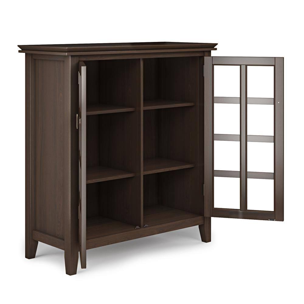 Simpli Home Artisan 38"W Solid Wood 4-Shelf Medium Storage Cabinet with Glass Doors and Adjustable Shelves