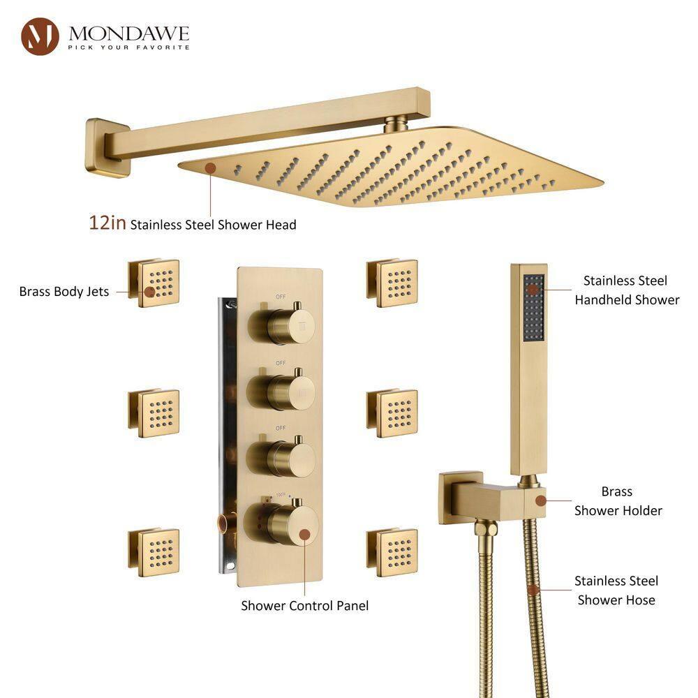 3 Functions Wall Mount Thermostatic Complete Shower System with 6 Body Jets, Rough-in Valve