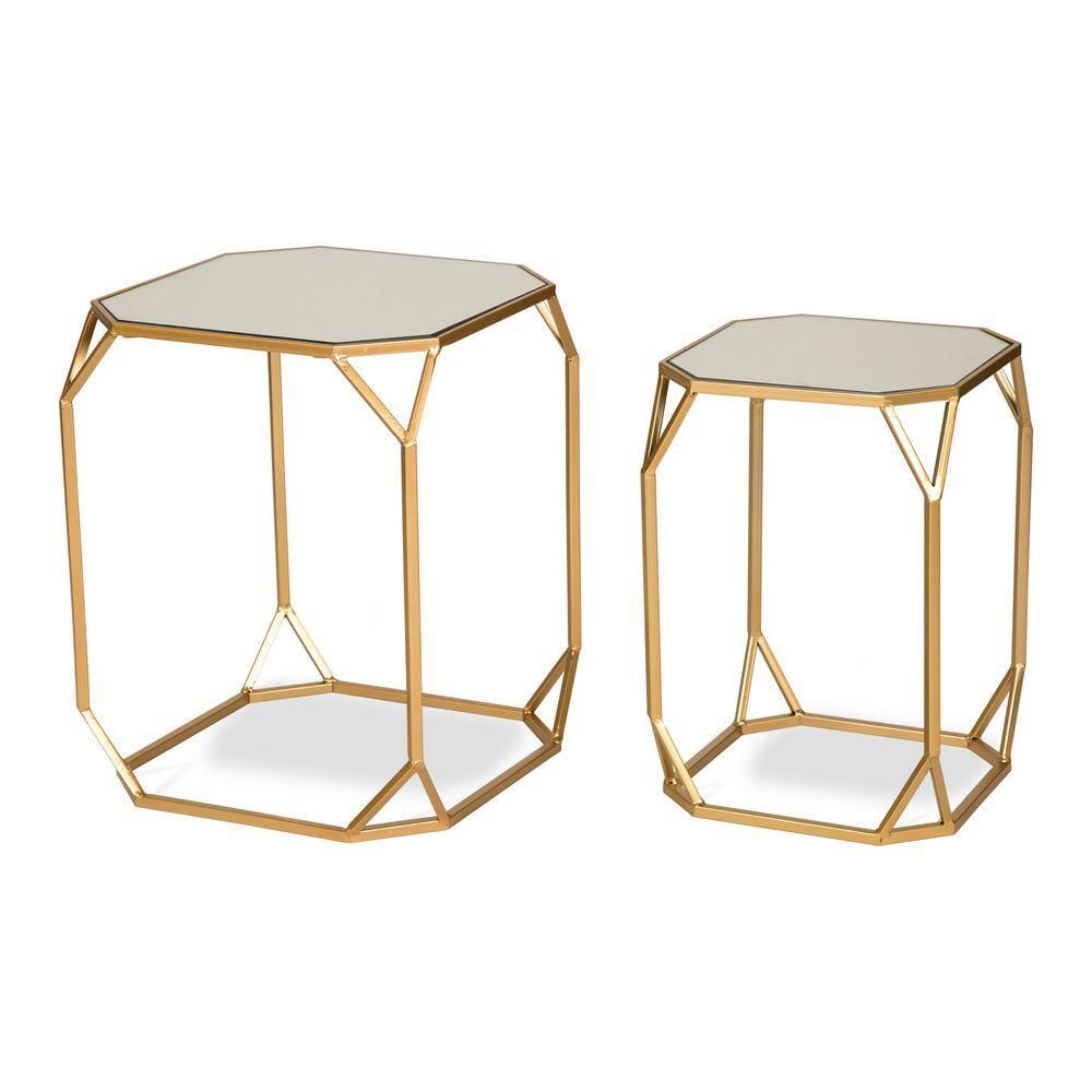 Glitzhome Set of 2 Glam Glass Modern Side Table Sofa Table Octagon-Gold Octagon