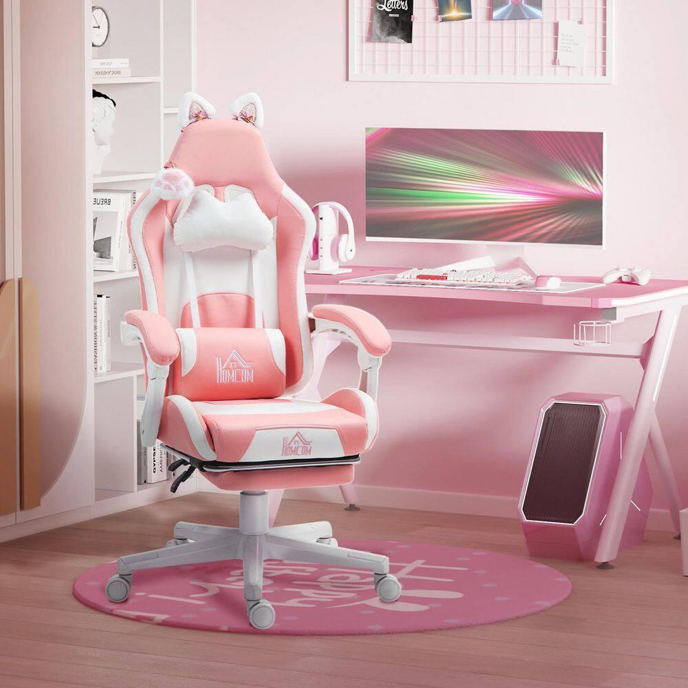 HOMCOM Cute Gaming Chair, Reclining Computer Chair with Footrest, Headrest, Lumbar Support, Height Adjustable Faux Leather Swivel Gamer Chair, Pink