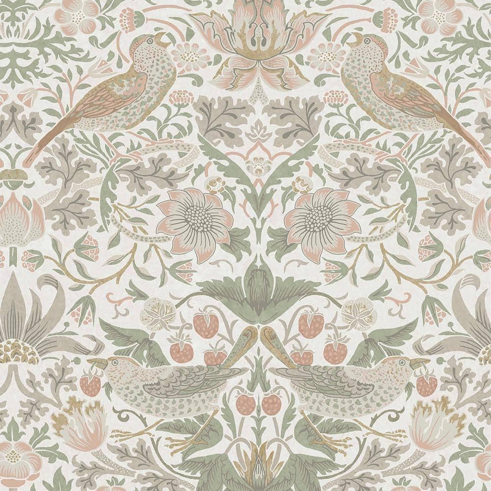 William Morris at Home Strawberry Thief Sage & Pink Wallpaper