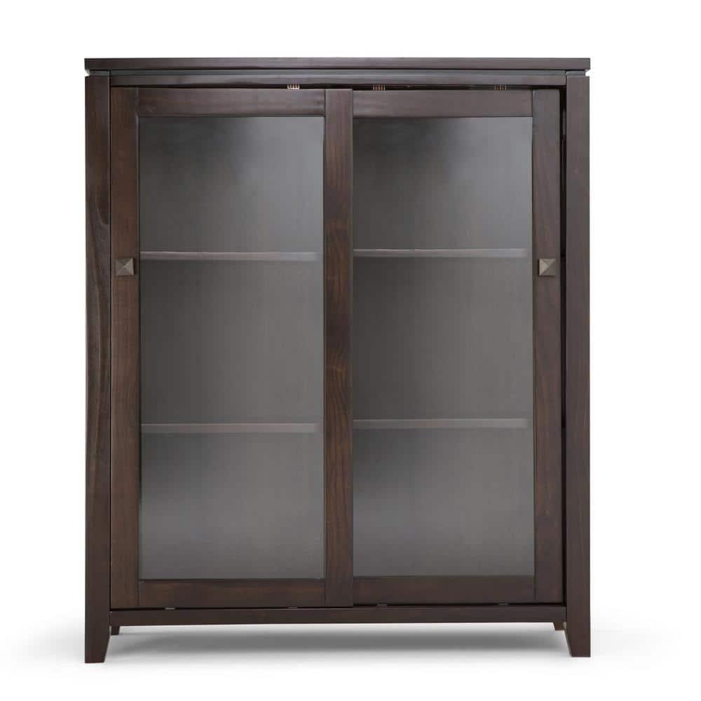 Simpli Home Cosmopolitan 36"W Solid Wood 4-Shelf Contemporary Medium Storage Cabinet with Sliding Glass Doors