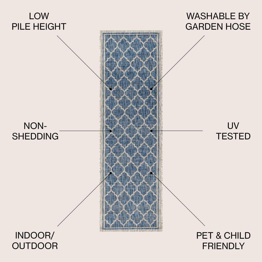 2' X 10' Trebol Moroccan Trellis Textured Weave Indoor/Outdoor Runner Rug, Navy/Gray - JONATHAN Y
