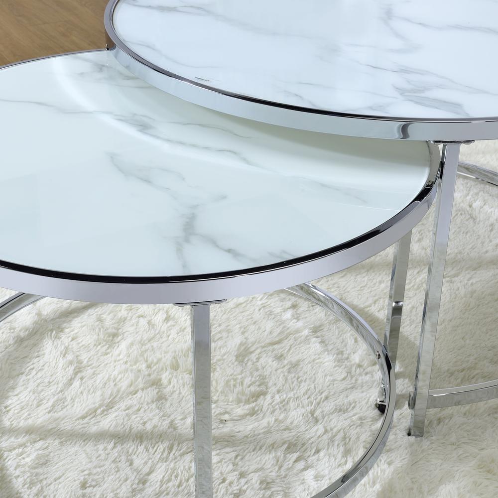 Rayne Nesting Cocktail Table White - Steve Silver Co.: Chrome Frame, Faux Marble Top, 2-Piece Set