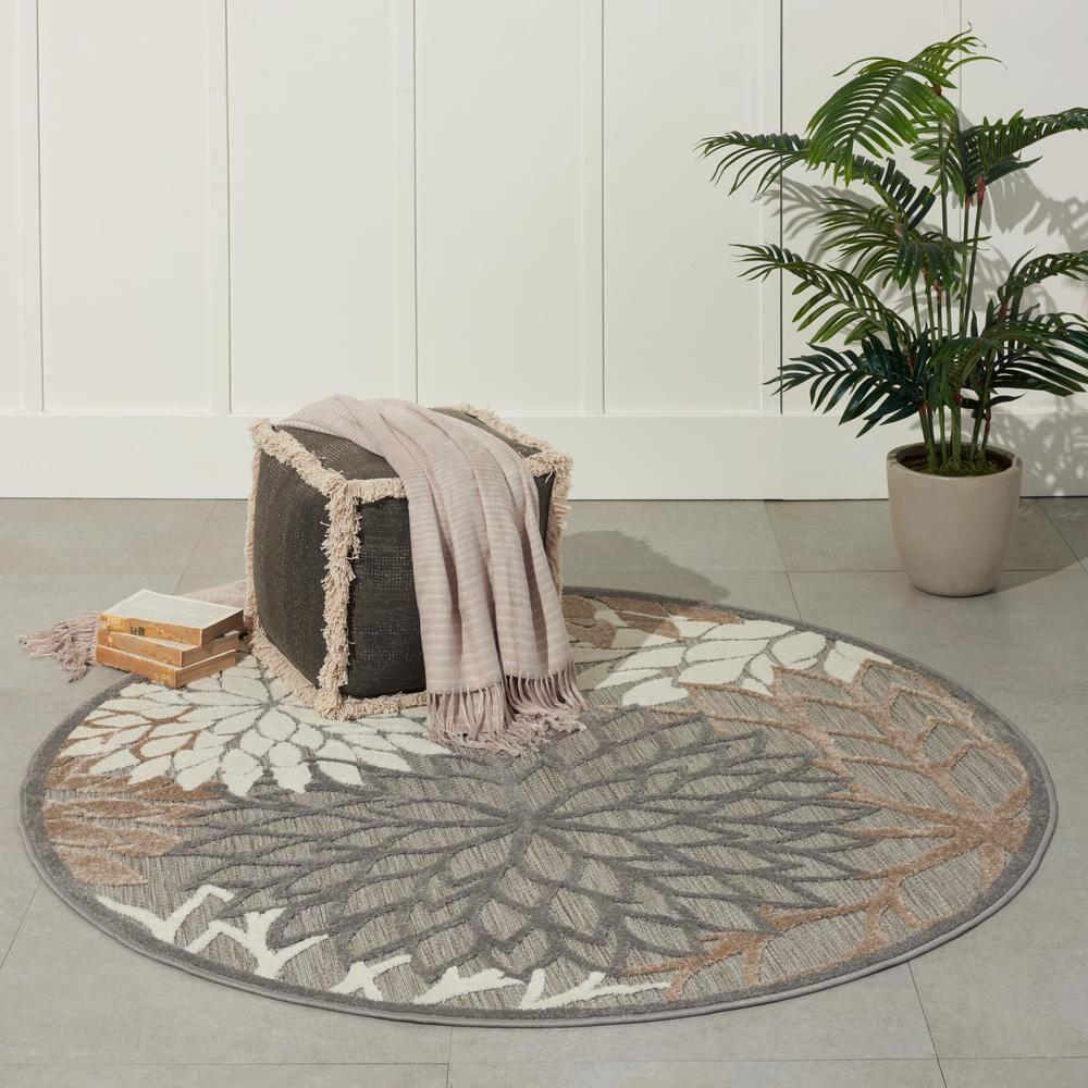 Nourison Aloha Floral Bloom Flatweave High-Low Indoor Outdoor Round Rug Natural 5'3" x 5'3"